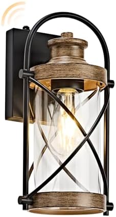 OKELI Dusk to Dawn Outdoor Wall Lights Fixtures, Waterproof Exterior Lighting Fixtures with Photocell Sensor,Vintage Faux Wood Grain Metal Cage Lantern Outside Lights for House Porch Patio Garage