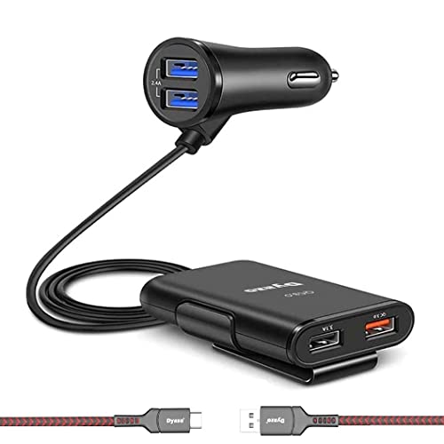 Dyazo QC 12V Fast Car Charger Back Seat Charging 4 USB Ports Compatible for Qualcomm 3.0, Samsung Galaxy, Note, iPhone, Nexus, Vivo, Oppo,Pixel, Mi & Other Mobile Phones with Free Type C Cable – Black