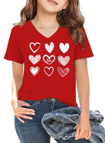 Image of LAZYCHILD Kids Valentine Shirt Girls Valentines Day Shirts Heart Graphic Long Sleeve Striped Tee Tops 5-14 Years