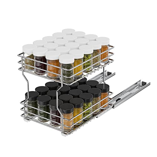 Roomtec Pull Out Spice Rack Organizer For Cabinet (8" W X 11" D), Kitchen Cabinet Organizer And Storage 2-Tier Sliding Spice Organizer Shelf Silver, Chrome #TOP9