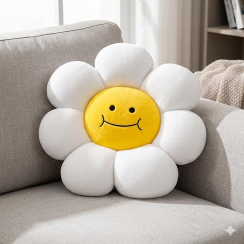 Image of AVSHUB Smiley Flower Cushion 40 cm | Soft Plush Pillow for Sofa Bed Decor | Cute Round Floral Shape Throw Cushion for Kids Room Living Room Gift Item (White)