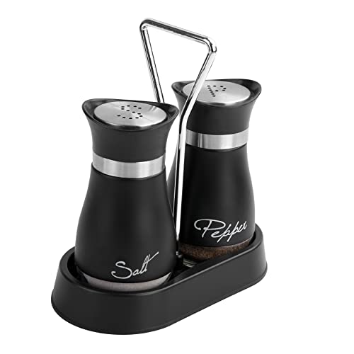 Wartter 2 PCS - Stainless Steel and Glass Salt and Pepper Shaker Sets with Holder (BLACK)