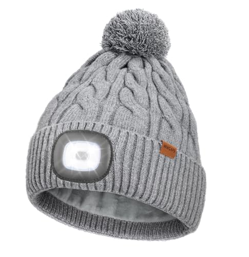 Wmcaps LED Beanie Type-C Rechargeable with Thermal Fleece Lining Hands-Free Headlamp Light Up Winter Bobble Hat with Pom-Pom for Men and Women Perfect Christmas Birthday Gift Grey