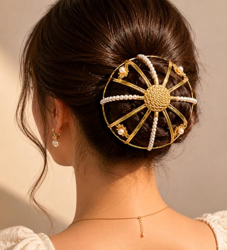 Image of Brass Hair Bun Cage with Stick for Women | Handcrafted Anti-Tarnish Juda Cover | Golden Surya Design Hair Bun Accessory for Wedding, Bridal, Festival, Bharatanatyam & Ethnic Wear