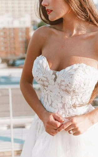 Lace Applique Tulle Wedding Dresses Long Strapless A Line Backless Bridal Dresses for Bride with Train3