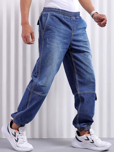 Image of The Indian Garage Co Men Loose Fit Solid Mid-Rise Stretchable Denim Joggers