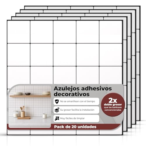 AMARA DECO - 20 Unidades Azulejos Adhesivos Cocina y Baño 30x30cm. Baldosas Adhesivas Pared con Efecto Azulejo 3D, Impermeables, Resistentes al Calor y Fáciles de Limpiar (Cuadrados Blanco/Negro)