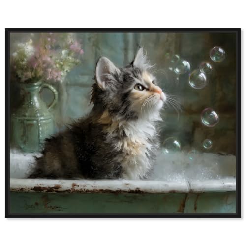 Kitten Curiosity Framed Canvas Print Bathroom Wall Decor by Art Remedy, Black Frame, 30 x 24