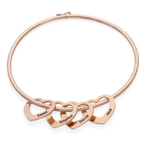 Image of Print Maniacs Custom Rose Gold Engraved Bangle Bracelet – Personalised Multi Heart Name Jewellery for Women – Inscribed Gift for Mum, Nan, Sister – Birthday, Christmas, Mother’s Day