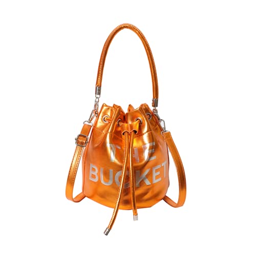 NEGBIU Small Bucket Bag for Women, Glossy Leather Bucket Purses, Crossbody/Handbag/Hobo Bag(7.9 * 7.9 * 8 in) (Orange)