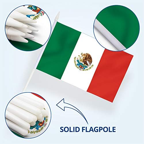Mexico Stick Flag, ANLEY Mexican 5x8 inch (12 X 20cm) HandHeld Mini Flag With 12" (30cm) White Solid Pole - Vivid Color and Fade Resistant - 5 x 8 inch Hand Held Stick Flags With Spear Top (1 Dozen)