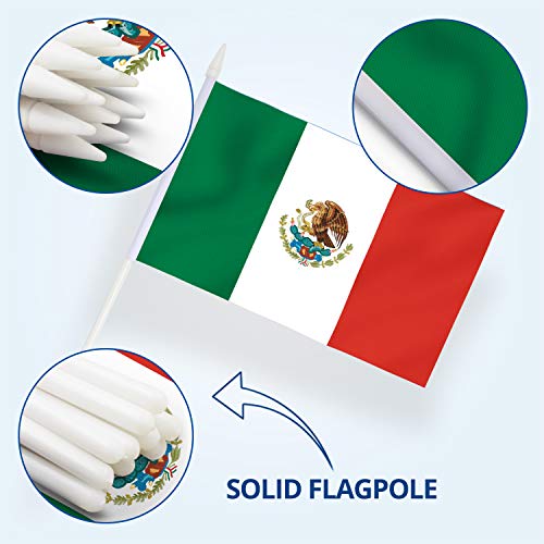 Anley Mexico Mini Flag 12 Pack - Hand Held Small Miniature Mexican Flags On Stick - Fade Resistant & Vivid Colors - 5X8 Inch With Solid Pole & Spear Top #TOP4