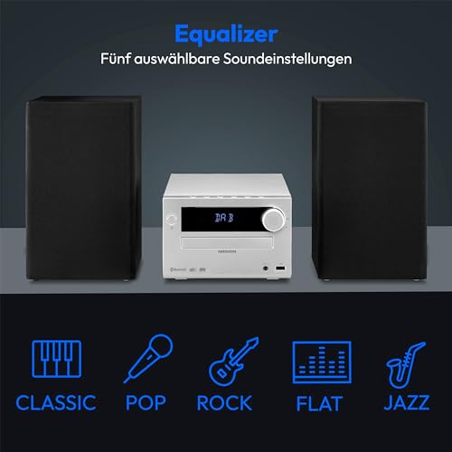 MEDION E64482 Micro Audio System Kompaktanlage (DAB+, CD Player, PLL UKW Radio, Bluetooth, MP3 Player, AUX, Kopfhöreranschluss, USB, Sleeptimer, dimmbares Display) Silber