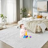 Floralux Bedroom Rug 8x10, Large White Shag Rugs, Soft Fluffy Shag Area Rug for Living Room, Plush Modern Floor Carpet for Boys Girls Room, Dorm Home Decor Aesthetic