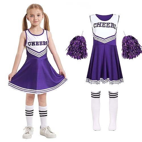 Costume da Cheerleader Bambina Vestito Cheerleader Bambina Ragazze Vestiti Carnevale Bambina con Pompon Carnevale o Evento Sportivo Scuola Festa Cosplay,03 purple 170