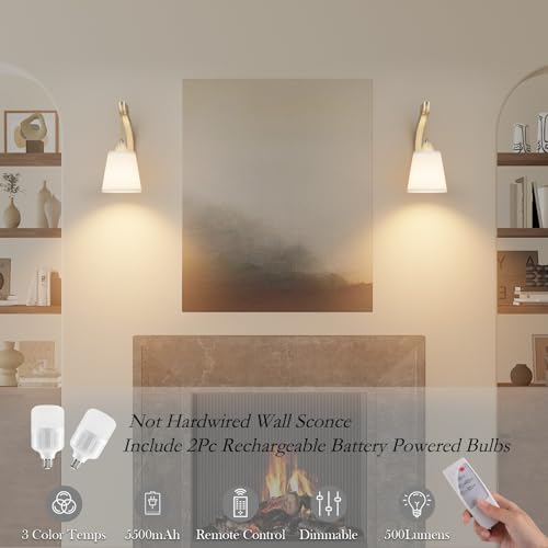 Image of Boho Battery Operated Wall Sconce,5500mAh Rechargeable Wireless Wall Light 3 Colors Dimmable with Remote Control Easy Install for Bedroom Living Room