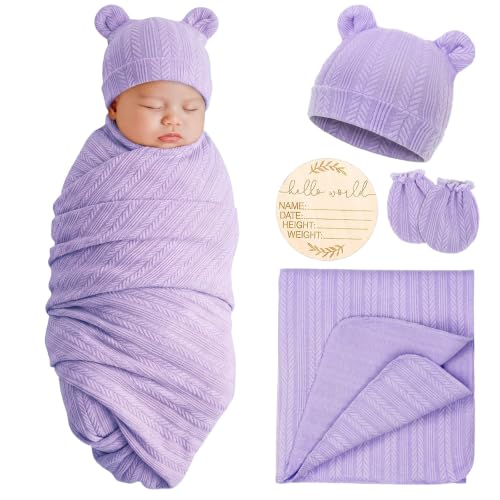 Image of AQOKKA Newborn Receiving Blanket with Bow Hat Mittens Set Nursery Swaddle Wrap Toddler Swaddles for Newborn Baby Boy Girl