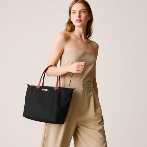 BOJLY Tote Bag Groß Shopper Tasche Damen, Leichte Faltbare Handtasche, Wasserdichte Nylon Schultertasche Damen mit Reißverschluss für Arbeit, Schule, Einkauf, Reisen (Schwarz)