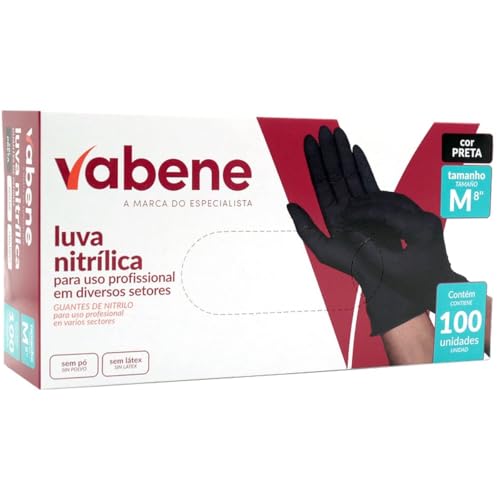 Luva Nitrílica, sem Pó, Preta, Tamanho: M, Vabene
