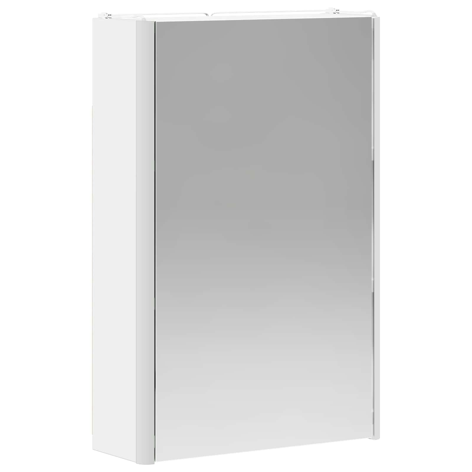 Szafka łazienkowa z lustrem biała z materiału drewnopochodnego, 33 x 11,5 x 50 cm, montaż ścienny, paski LED, dwustronne lustro, 2 półki, miejsce do przechowywania mebli łazienkowych i