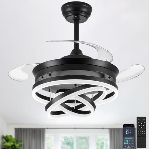 LEONTYNE Chandelier Ceiling Fan with Lights and Remote - 36 Inch Retractable Modern Fandelier, DC Motor, 6 Speeds,Timer,Dimmable LED Chandelier Fan Light for Home Bedroom Living Room (Black)