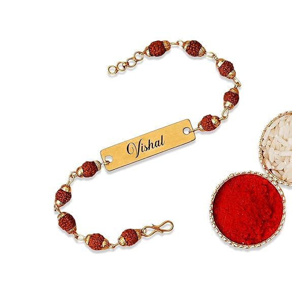 Customise & Personalized Rudraksha Rakhi Bracelet with Name Spiritual Raksha Bandhan for brother bhaiya bhai bhabi bro Gift, Gold-Plated-image-29