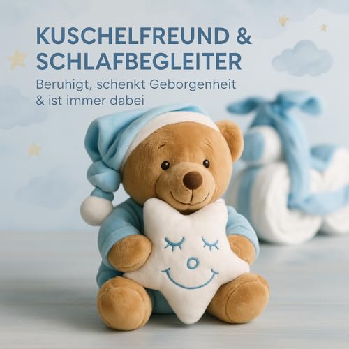 Windeltorte Junge in Blau – Motorrad mit Kuscheltier, Geschenk zur Geburt & Taufe – Handgefertigte Baby Windeltorte mit Windeln, Mullwindel & Glückwunschkarte