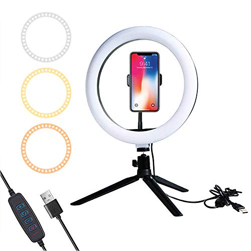 WeniChen Anillo de luz LED de 25,4 cm con trípode y soporte para teléfono para YouTube Video Live Streaming Makeup, lámpara LED de escritorio con 3 modos de luz y 10 niveles de brillo Cover