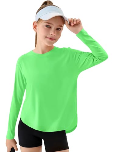 Haloumoning Girls Athletic Shirts Kids Long Sleeve Active Sports T Shirts Quick Dry Tunic Tops Basic Tees 5-14 Years Green