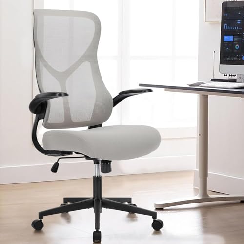 Image of Sweetcrispy High Back Office Chair - Ergonomic Computer Gaming Mesh Chairs with Lumbar Support, with Soft Flip Up Arms, Adjustable Height and 360 Wheels, Light Grey