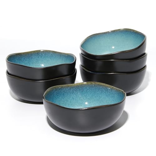 Image of Pokini 20Oz Stoneware Cereal Bowls Set of 6, 5.8 inch Irregular Soup Bowls Set | Reactive Glaze Small Bowls for Soup, Oatmeal, Snack, Microwave & Dishwasher Safe, Chip Resistant Breakfast Bowls, Green Black
