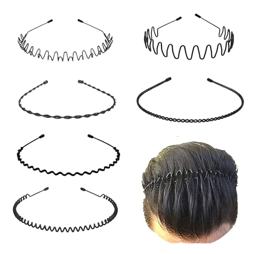 Image of Black Metal Hair Band for Men - 6 Pcs Thin Wavy Non-Slip Adjustable Headbands for Women & Boys, Sports, Gym, Yoga, Running & Face Wash