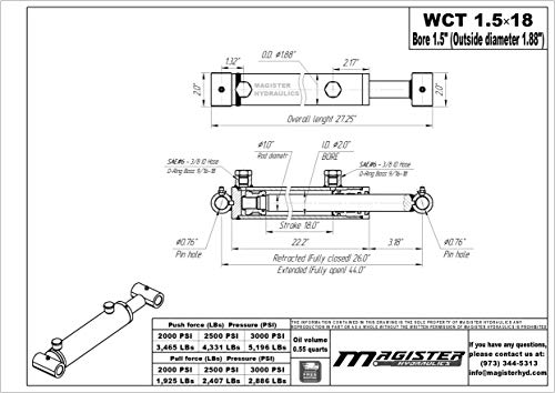 Image of Magister Hydraulic Cylinder 1.5 inch Bore x 18 inch Stroke, Welded Hydraulic Ram with Cross Tube Ends, Double Acting Hydraulic Piston 3500 PSI (WCT 1.5x18)