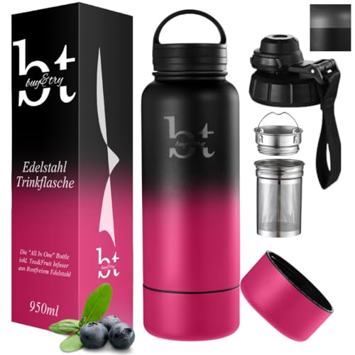 Gourde avec récipient à fruits, bouteille de sport de 1 l (950 ml), bouteille isotherme en acier inoxydable, bouteille isotherme pour café/thé, thermos...