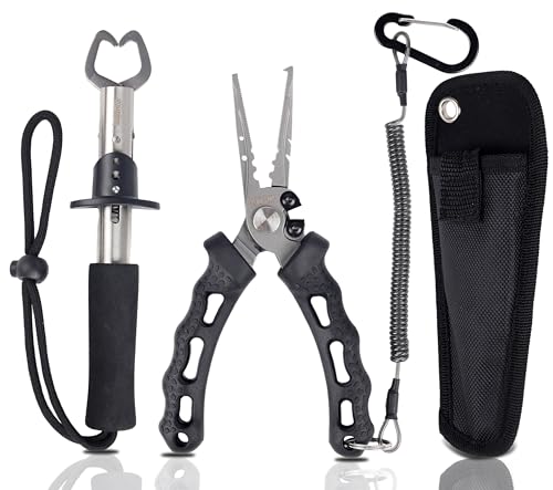 YUMEOWL Fishing Pliers&Gripper, 4 Pcs Fishing Tool Kit, Upgraded Muti-Function Hook Remover and Fish Scissors, Fishing Gear,Pliers 7.1' 6.2 oz& Gripper 8.66' 4.3 oz