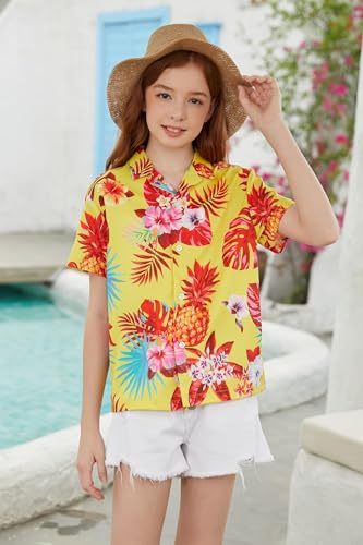 Image of SANGTREE Girls & Women's Hawaiian Shirts Button Down Short Sleeve Floral Tropical Shirt Beach Vacation Blouse Tops