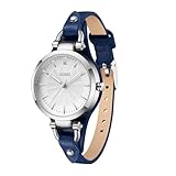 BUREI Uhr Demen Elegante Lederarmband Armbanduhr Damen Klassisch Analog Quarz Damenuhr Geschenke für Frauen (weiß-blau)