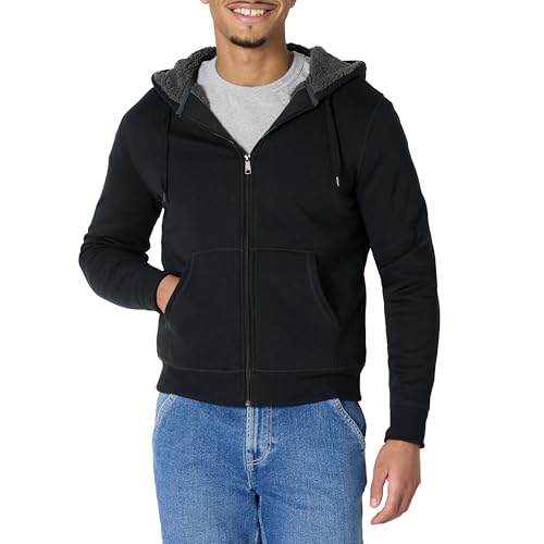 Amazon Essentials Hoodie For Men, Sherpa-Lined Full-Zip Fleece Sweatshirt, Large, Washed Black