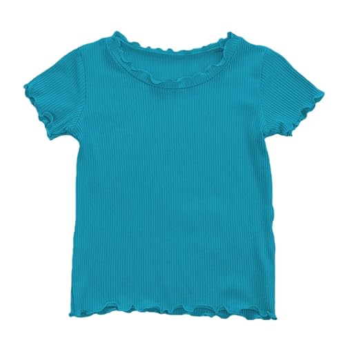Image of Toddler Girls Frill Trim Top Kids Short Sleeve Round Neck T Shirts Children's Summer Solid Colour Basic Tshirt Baby Clothing (Blue, 12-18 Months)