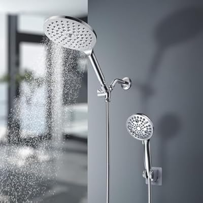 Dual 7.5" Rotatable Shower Head with Handheld Combo, 9 Spray Modes, Enjoy High Pressure Rainfall Shower, Built-In Power Wash To Clean Tub & Pet, Premium Polished Chrome Finish