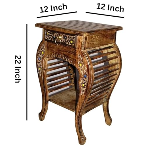Image of Wooden Side Table & Stool-Natural Wood Antique Look End Table with Drawer for Living Room Brown