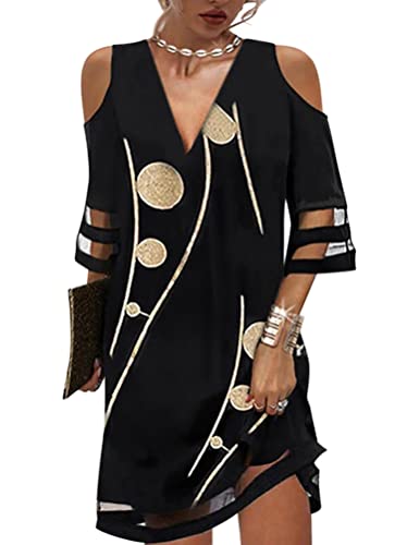 Minetom Femmes Col V Robe Tunique Élégant Plage Soirée Fête Cocktail Mini Shirt Robe I Noir 05 M