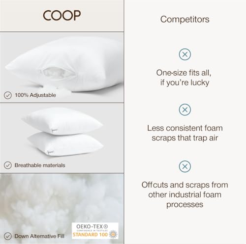 Image of Coop Home Goods Essence Adjustable Throw Pillow Inserts 18x18, Set of 2, Adjustable Down Alternative Cushions for Couch, Bed, or Chair, Decorative Square Pillows for Living Room, Oeko-Tex Certified
