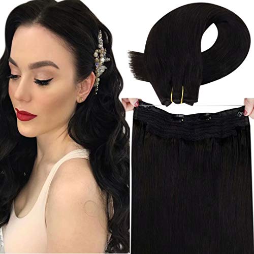 Halo Hair Extensions Human Hair Black LaaVoo Halo Wire Hair Extensions Natural Black Halo Couture Hair Extensions Silky Straight Real Hair Halo Extensions Black Halo Hairpiece Double Weft 80g 18"