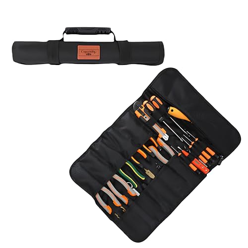 Copechilla Bolsa de herramientas enrollable negra Bolsa enrollable herramientas Bolsa de herramientas portátil con manijas y cuerda elástica para motos y coches,Varios bolsillos,Tejido Oxford grueso