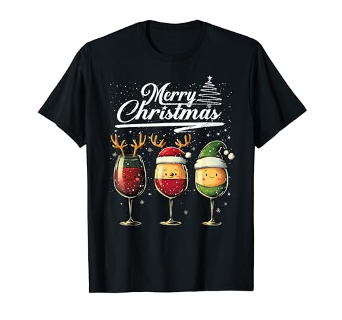Three Wine Glasses Merry Christmas Reindeer Santa Elf Xmas T�V���c
