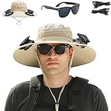 Fishing Hats with Sunglasses, Wide Brim Sun Hat with 2 Solar Fan, USB & Solar Powered Fishing Hats, Solar Fan Hats UPF 50+ (Khaki)