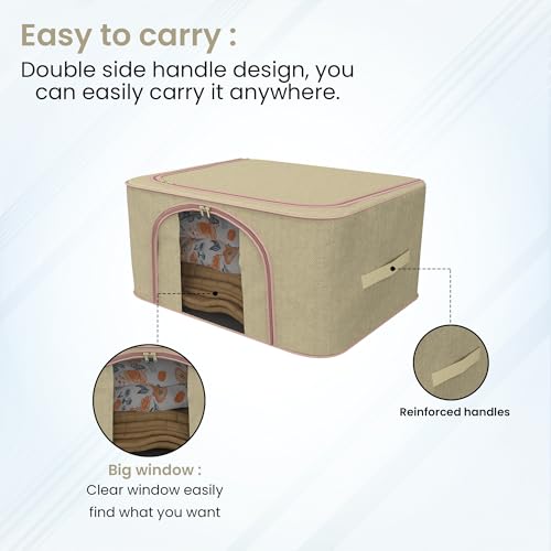 Image of Kuber Industries Pack of 5 Foldable 66 Liter Cloth Organizer for Storage with Steel Frames, Zip & Handles | See Through Saree Organiser for Wardrobe & Seasonal Home Items | LJ-1-BG | Beige
