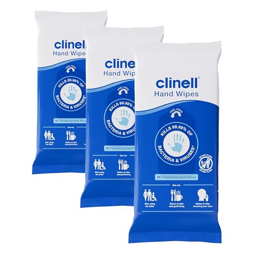 Image of Clinell Antimicrobial Hand Wipes - Sanitising for Cleaning & Disinfecting, Travel-Friendly - Dermatologically Tested, Kills 99.99% of Bacteria & Viruses - Pack of 90, Blue