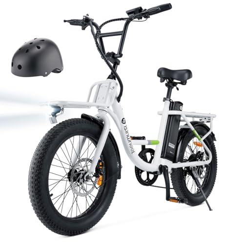 isinwheel U7 Electric Bike, 20"×3.0 Fat Tire Step-Thru Electric Bicycle, 80KM Range & 32KM/H Top Speed, 48V 10.4h Removable Battery, 7 Speed, LCD Display, 500W Commuting Ebike for Adults Whi
